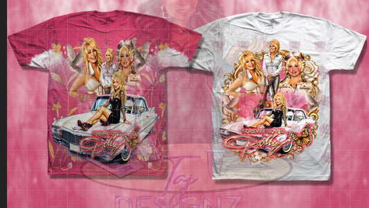 Dolly Parton inspired pink and white graphic T-shirts featuring colorful retro artwork