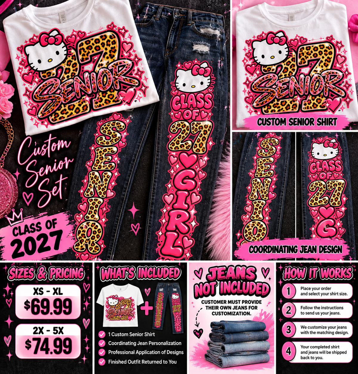 Hello Kitty cheetah print Class of 2027 senior shirt and personalized jeans product listing graphic; customer supplies jeans.